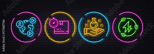Video conference, Cardboard box and Chemistry lab minimal line icons. Neon laser 3d lights. Green electricity icons. For web, application, printing. Vector