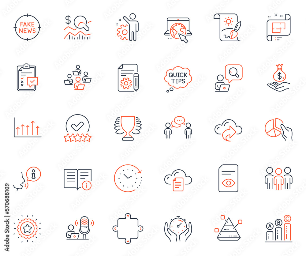 Education icons set. Included icon as Fake news, Teamwork and Creative painting web elements. Pie chart, Checklist, Rating stars icons. Check investment, File storage, Inspect web signs. Vector