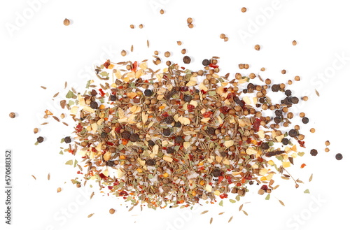 Fototapeta Naklejka Na Ścianę i Meble -  Garam masala, spice blend, mix black pepper, coriander, cumin, garlic granules, allspice, sea ​​salt, ground chili peppers, cinnamon, cloves grain, chopped ginger, bay leaves isolated on white, top  