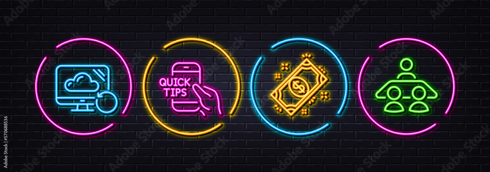 Payment, Recovery cloud and Education minimal line icons. Neon laser 3d lights. Interview job icons. For web, application, printing. Finance, Backup info, Quick tips. Consulting. Vector