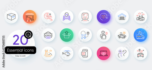 Simple set of Return package, Metro and Helicopter line icons. Include Delivery man, Taxi, Bike rental icons. Usa close borders, Fake news, Journey web elements. Office box, Flight mode. Vector