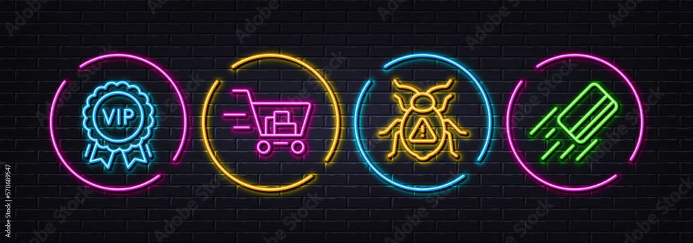 Software bug, Shopping cart and Vip award minimal line icons. Neon laser 3d lights. Credit card icons. For web, application, printing. Cyber virus, Online buying, Exclusive privilege. Vector