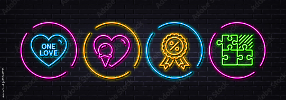 Ice cream, Discount medal and One love minimal line icons. Neon laser 3d lights. Puzzle game icons. For web, application, printing. Sundae cone, Sale award, Sweet heart. Jigsaw combination. Vector Ice cream, Discount medal and One love minimal line icons. Neon laser 3d lights. Puzzle game icons. For web, application, printing. Sundae cone, Sale award, Sweet heart. Jigsaw combination. Vector