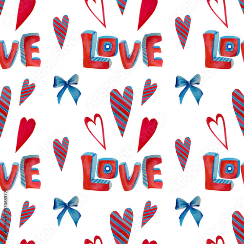 A pattern of hearts and the words love. Watercolor illustration. Love. Heart. valentine s day.