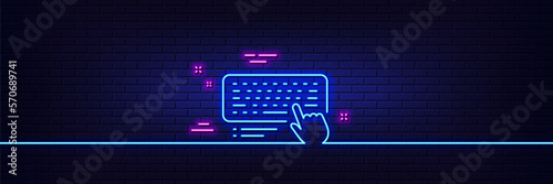 Neon light glow effect. Keyboard line icon. Computer component device sign. 3d line neon glow icon. Brick wall banner. Computer keyboard outline. Vector