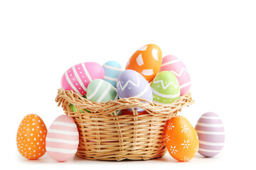Colorful easter eggs in basket isolated on white background