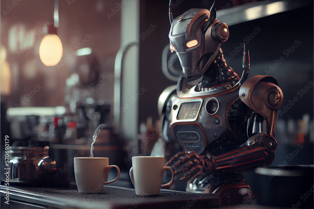 Coffee Robot chef prepares espresso in bar. Robotic chef barista cooking espresso in smart kitchen. Robotic automatization. Replacing human labor with robotics. Future concept with smart robotics and Coffee Robot chef prepares espresso in bar. Robotic chef barista cooking espresso in smart kitchen. Robotic automatization. Replacing human labor with robotics. Future concept with smart robotics and