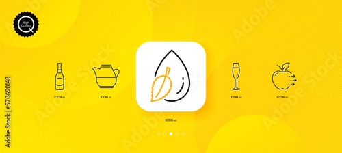 Water drop, Champagne glass and Beer bottle minimal line icons. Yellow abstract background. Food delivery, Milk jug icons. For web, application, printing. Mint leaf, Winery, Brewery. Vector