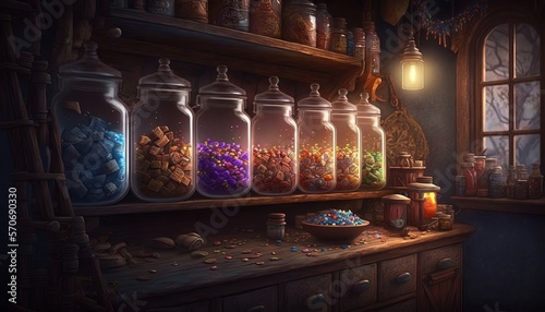 Old and magical sweet shop. Generative AI. 