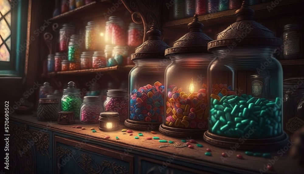 Old and magical sweet shop. Generative AI.
Old and magical sweet shop. Generative AI.