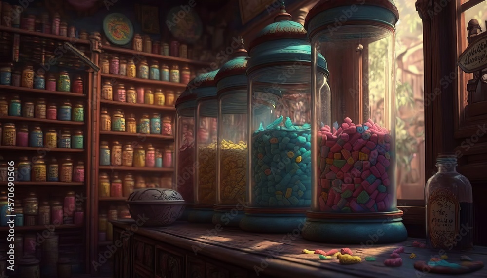 Old and magical sweet shop. Generative AI.
