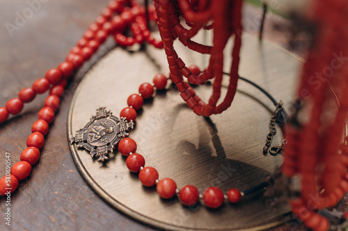 traditional Ukrainian red coral. Ukrainian ancient necklace with an icon. women's accessories