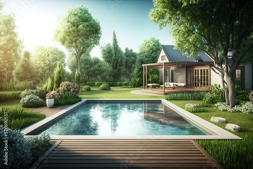 Mediterranean wooden house with pool photo