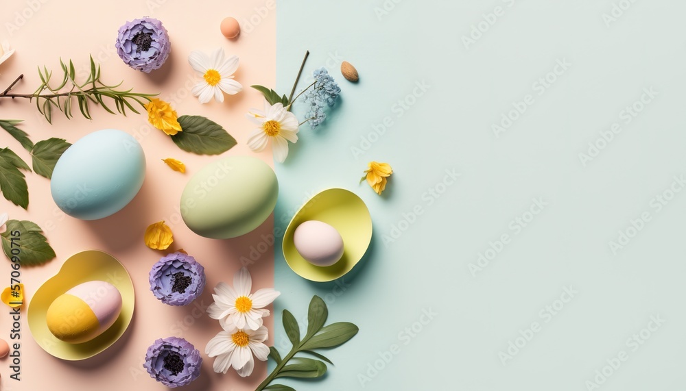 Minimalist, modern Easter background with flowers and Easter eggs in pastel colors with lots of free space from above