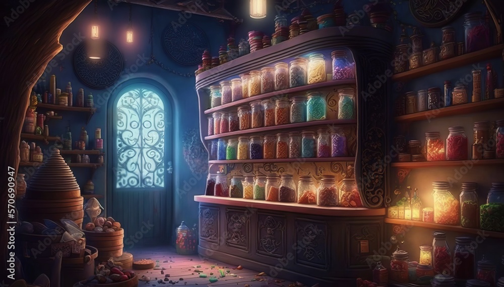 Old and magical sweet shop. Generative AI.
