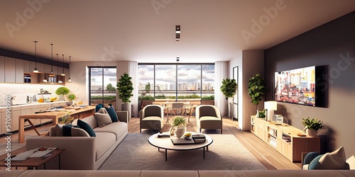 Apartment panorama interior  open concept  modern. Generative AI.
