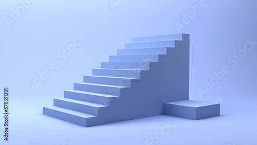 Stairway and podium on blue background, mockup copy space, 3D rendering