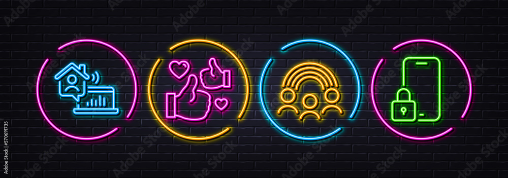 Inclusion, Like and Work home minimal line icons. Neon laser 3d lights. Lock icons. For web, application, printing. Equity rainbow, Thumbs up, Outsource work. Phone protection. Vector