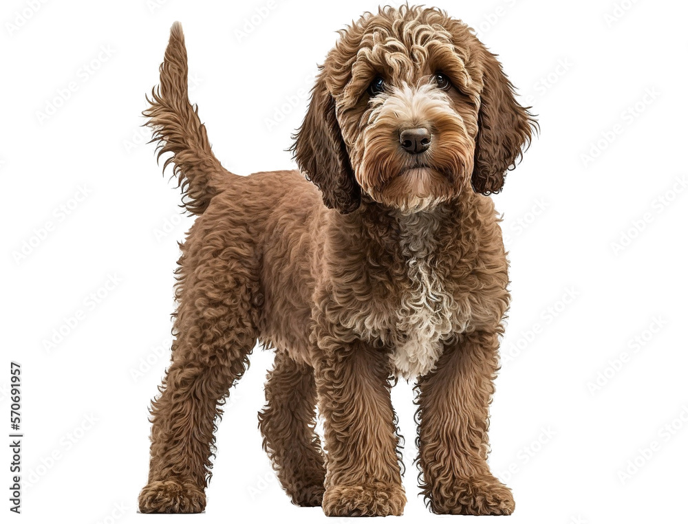 Portrait of a Labradoodle dog smiling and eager to go on a walk with a human.