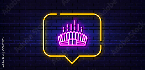 Neon light speech bubble. Arena stadium line icon. Competition building sign. Sport complex symbol. Neon light background. Arena stadium glow line. Brick wall banner. Vector