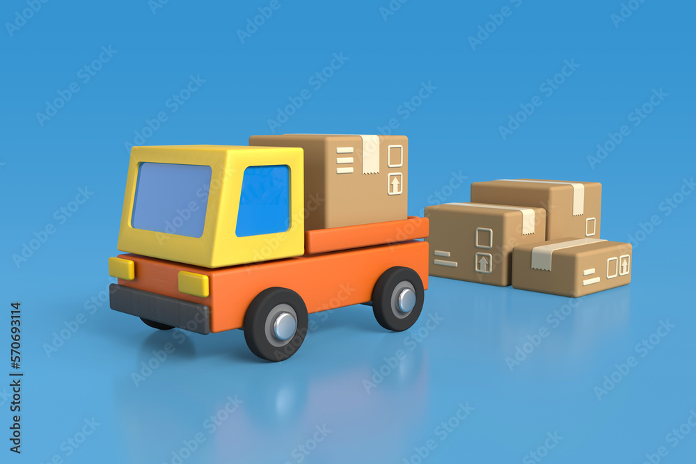 A stylized cartoon truck with a cardboard box in the back for web design. The concept of cargo transportation and delivery service on a blue background. 3D rendering.