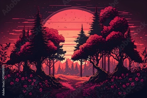 Beautiful forest landscape with a sunset synthwave style | Ai Generated Synthwave Wallpaper/Background |