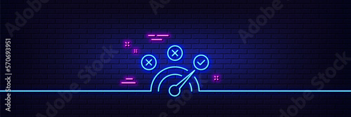Neon light glow effect. Correct answer line icon. Speedometer concept sign. Check symbol. 3d line neon glow icon. Brick wall banner. Correct answer outline. Vector