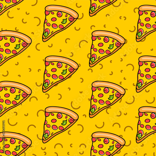Seamless pizza pattern. Hand drawn pizza illustrations. Vector illustration.