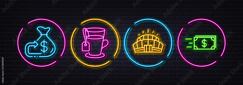 Cashback, Tea and Arena stadium minimal line icons. Neon laser 3d lights. Money transfer icons. For web, application, printing. Money budget, Glass mug, Competition building. Cash delivery. Vector