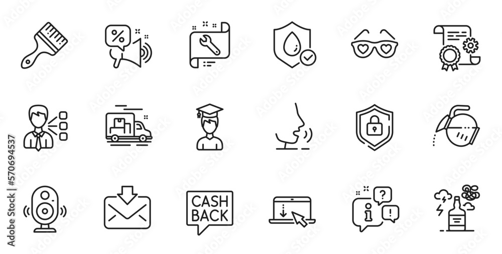 Outline set of Speaker, Alcohol addiction and Brush line icons for web application. Talk, information, delivery truck outline icon. Include Coffee pot, Construction document, Spanner icons. Vector