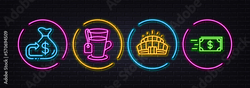 Cashback, Tea and Arena stadium minimal line icons. Neon laser 3d lights. Money transfer icons. For web, application, printing. Money budget, Glass mug, Competition building. Cash delivery. Vector