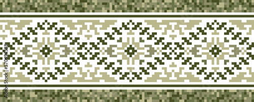 Military design digital pattern. Ukrainian folk ethnic decor. Urban style pixel art vector decor. Fashion military print in green colors
