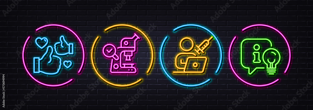 Vaccination appointment, Microscope and Like minimal line icons. Neon laser 3d lights. Lamp icons. For web, application, printing. Online schedule, Laboratory science, Thumbs up. Idea light. Vector