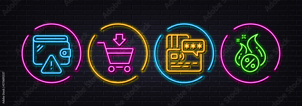 Online market, Wallet and Card minimal line icons. Neon laser 3d lights. Hot loan icons. For web, application, printing. Shopping cart, Money budget, Bank payment. Discount offer. Vector