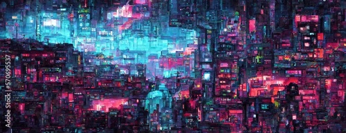 Pixel Cyberpunk neon city night. Futuristic city scene in a style of pixel art. 80's wallpaper. Retro future Generative AI illustration. Urban scene.