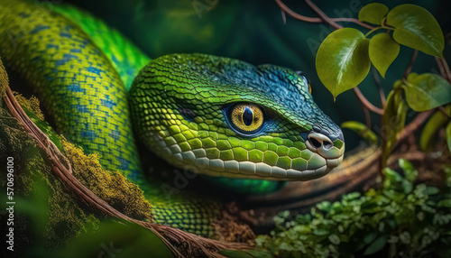 Close-up serpiente verde en la jungla, creada con IA generativa photo