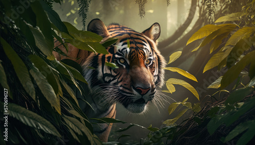 Tigre escondido entre los arboles en mitad de la selva, creada con IA generativa