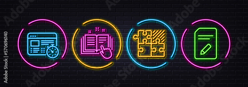 Puzzle game, Technical documentation and Web timer minimal line icons. Neon laser 3d lights. Edit document icons. For web, application, printing. Jigsaw combination, Manual, Online test. Vector