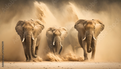Manada de elefantes huyendo de un tormenta de arena, creada con IA generativa photo