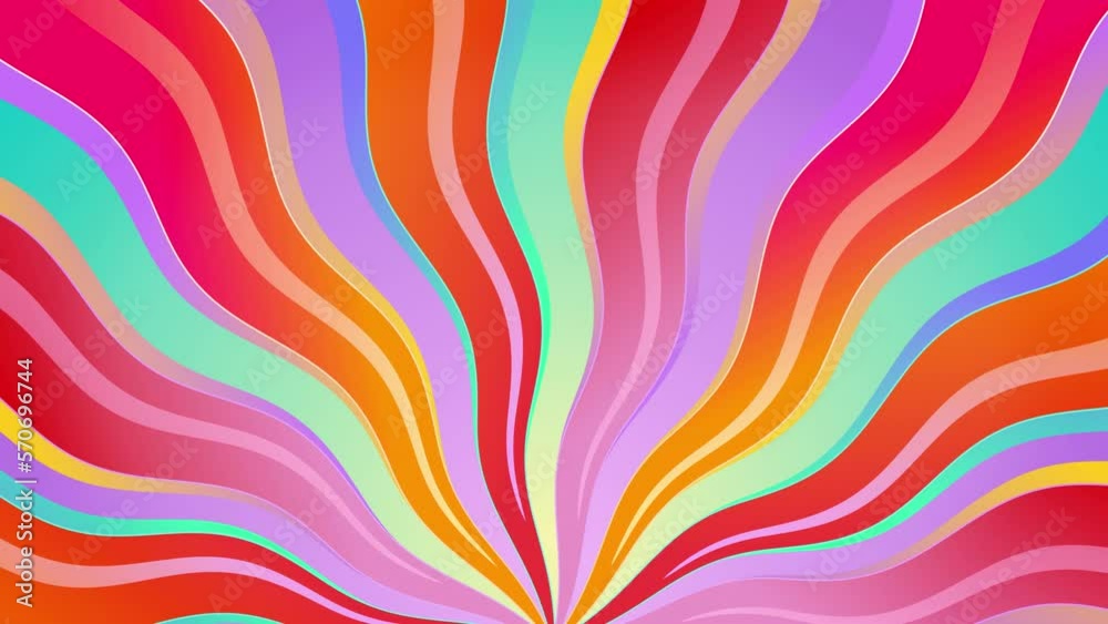 Retro, 2d, multicolor, wavy, groovy, hippie, flat, abstract, cartoon looping background sunbeams.