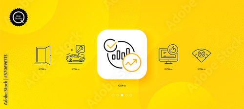 Open door, 5g wifi and Statistics minimal line icons. Yellow abstract background. Car service, Like video icons. For web, application, printing. Entrance, Wireless internet, Report charts. Vector
