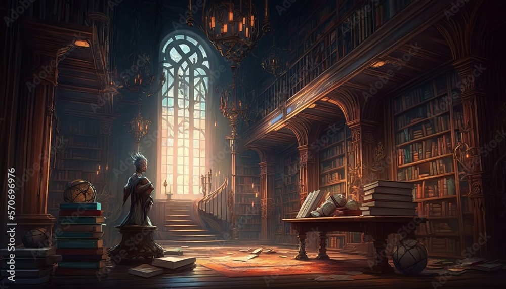 Old and magical library. Generative AI.
