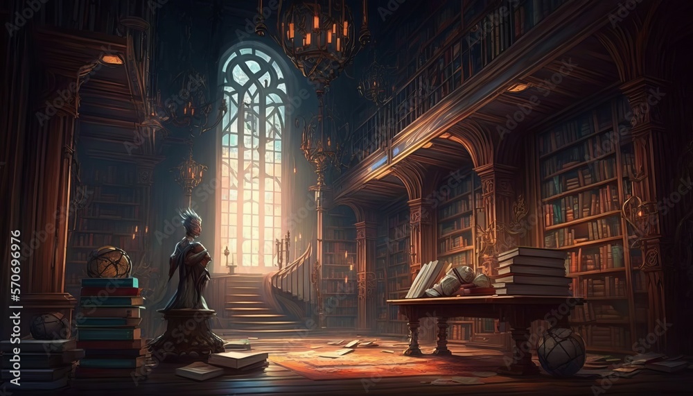 Old and magical library. Generative AI.
Old and magical library. Generative AI.