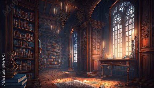 Old and magical library. Generative AI. 