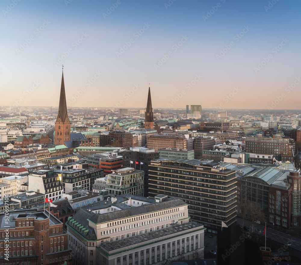 Aerial view of Hamburg with St. Peter Church and St. James Church - Hamburg, Germany