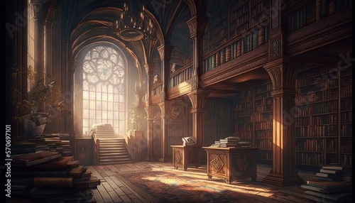 Old and magical library. Generative AI. 