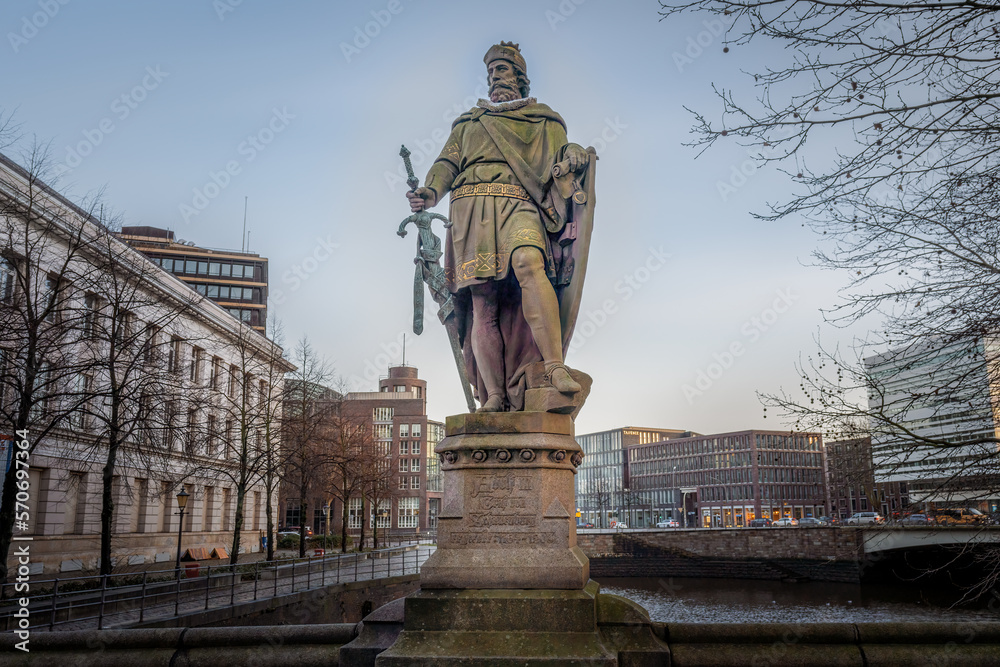 Fototapeta premium Adolf III of Holstein Statue at Trostbrucke Bridge - Hamburg, Germany