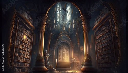 Old and magical library. Generative AI. 