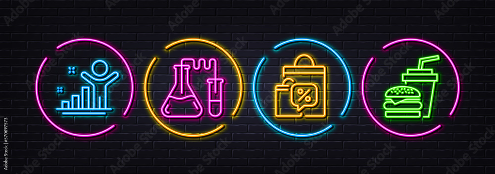 Chemistry lab, Winner and Sale bags minimal line icons. Neon laser 3d lights. Hamburger icons. For web, application, printing. Medical laboratory, Best result, Discount chat bubble. Vector