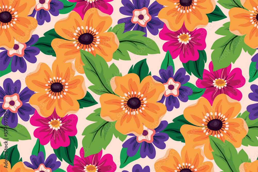 Seamless floral pattern with colorful decorative art summer botany. Cute ditsy print, bright botanical design with large hand drawn flowers, leaves. Blooming meadow background. Vector illustration.